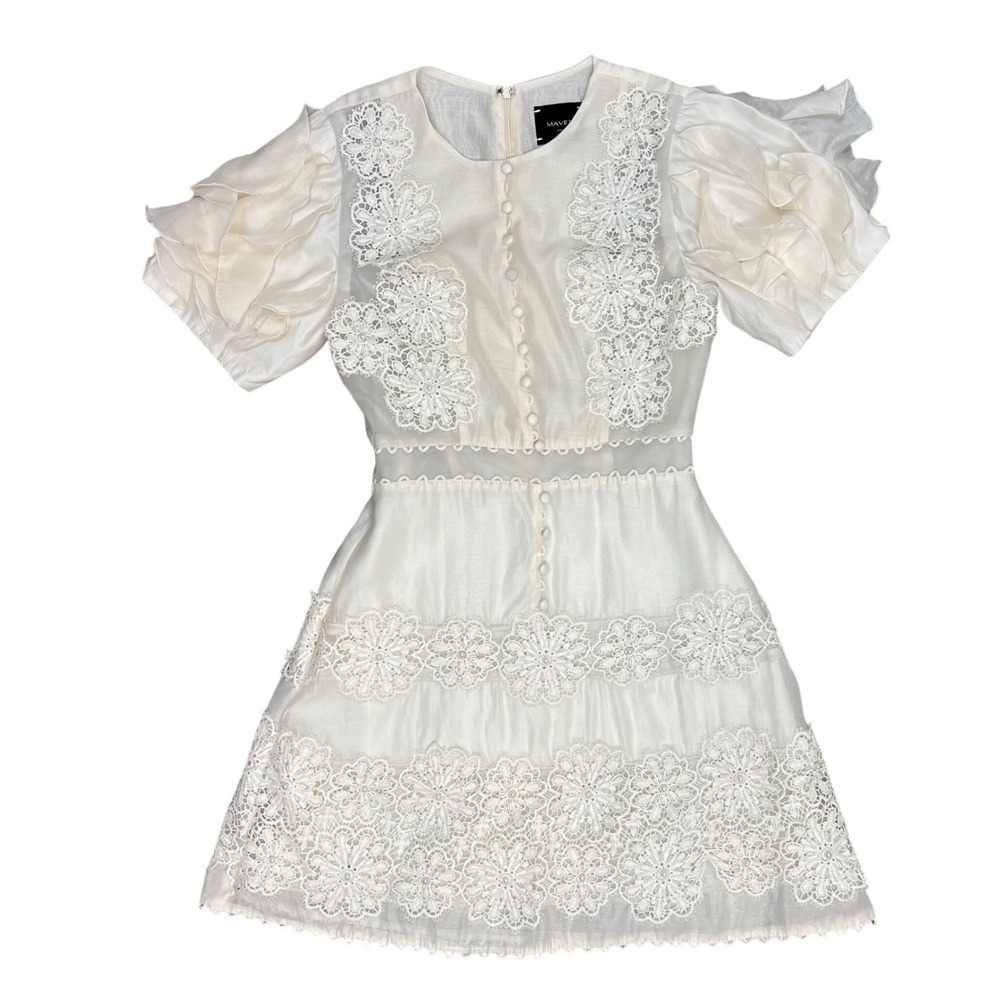 Maven Anthropologie Ivory Floral Lace Ruffle Mesh Mini Dress Cream Small